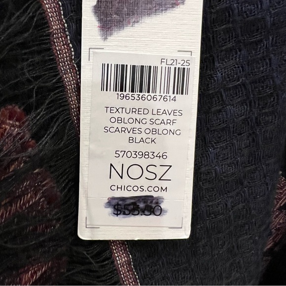 Chicos NEW Scarf Black Pink Textured Floral Leaves Cotton Fringe Oblong Boho - Picture 9 of 11